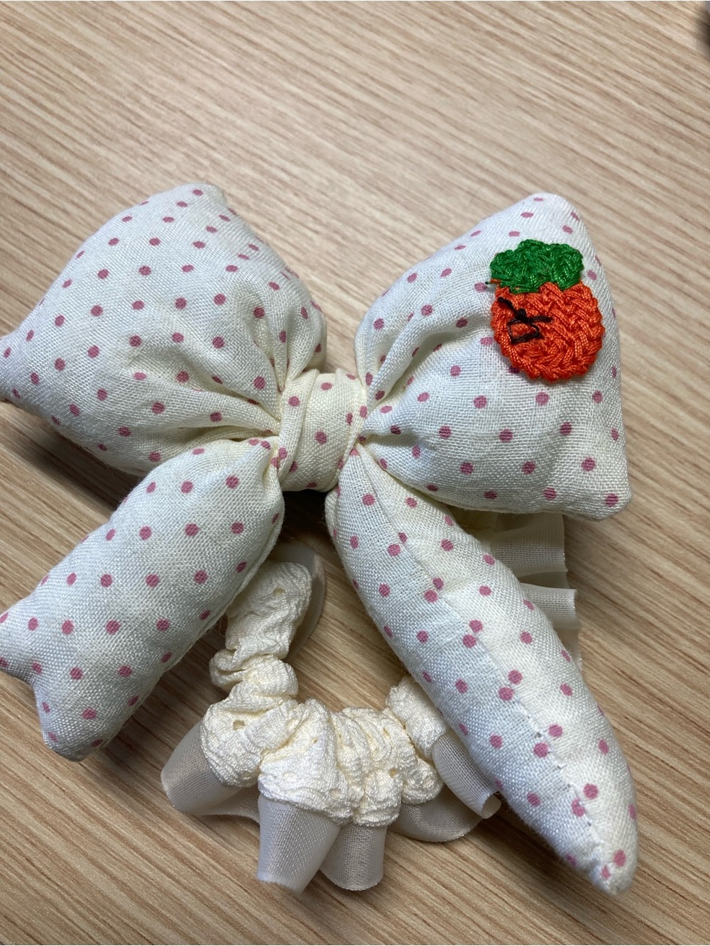 Cream Polka Dot Kids Hair Bow with Pink Dots and Orange Embroidery